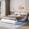 Queen Size Upholstered Faux Leather Platform Bed with LED Light Bed Frame with Slatted