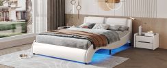 Queen Size Upholstered Faux Leather Platform Bed with LED Light Bed Frame with Slatted