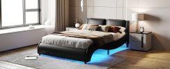 Queen Size Upholstered Faux Leather Platform Bed with LED Light Bed Frame with Slatted