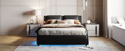 Queen Size Upholstered Faux Leather Platform Bed with LED Light Bed Frame with Slatted